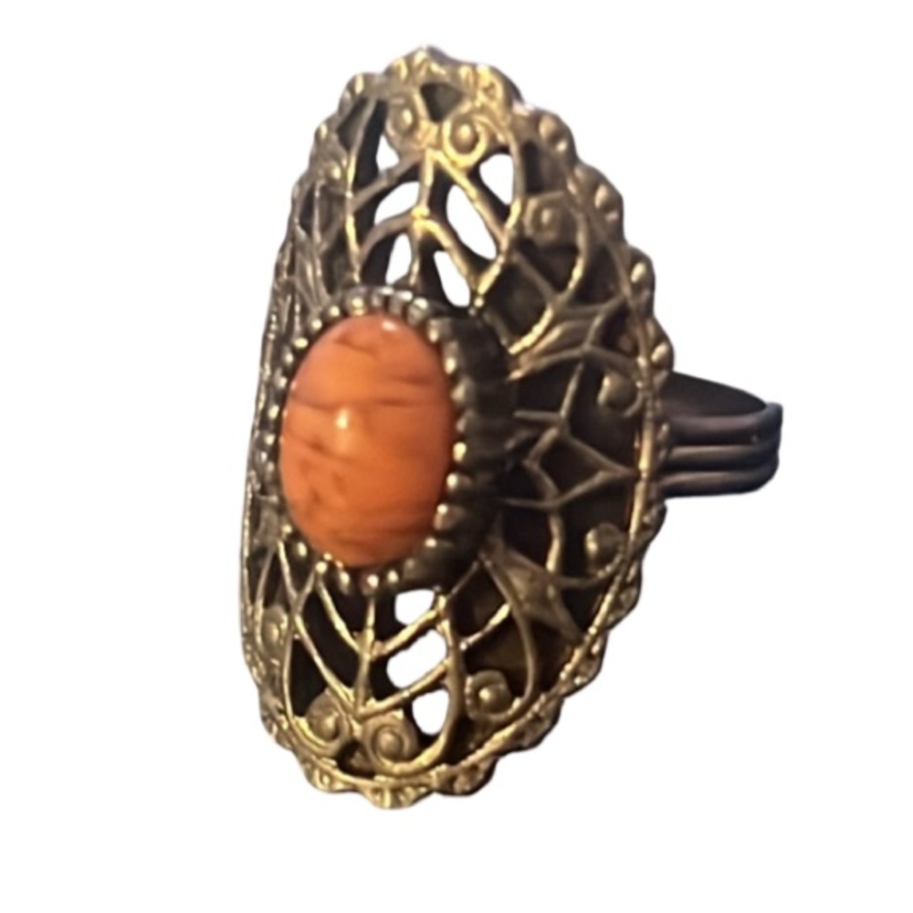 Vintage 1970s Bronze Orange Czech Glass Stone Filagree Statement Ring
